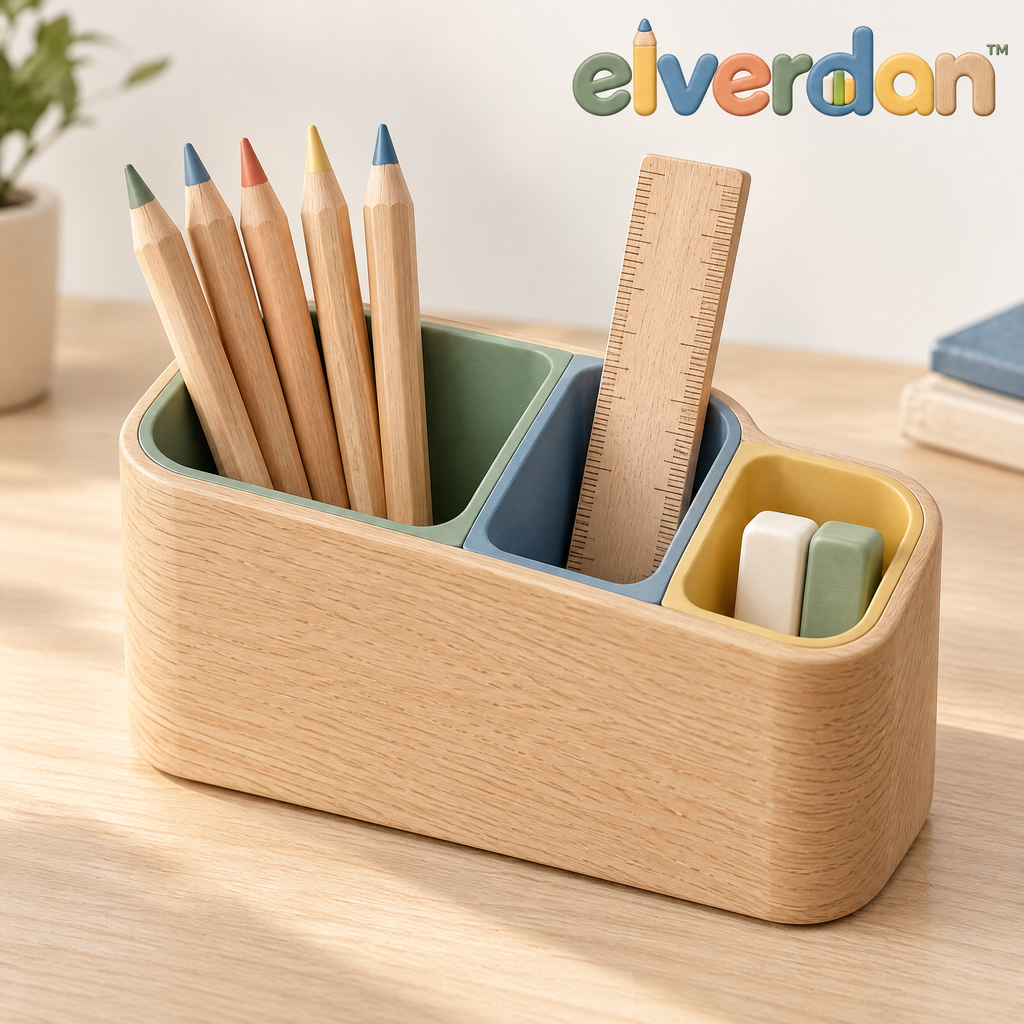 Elverdan™ Wooden 3-Compartment Pencil & Desk Organizer