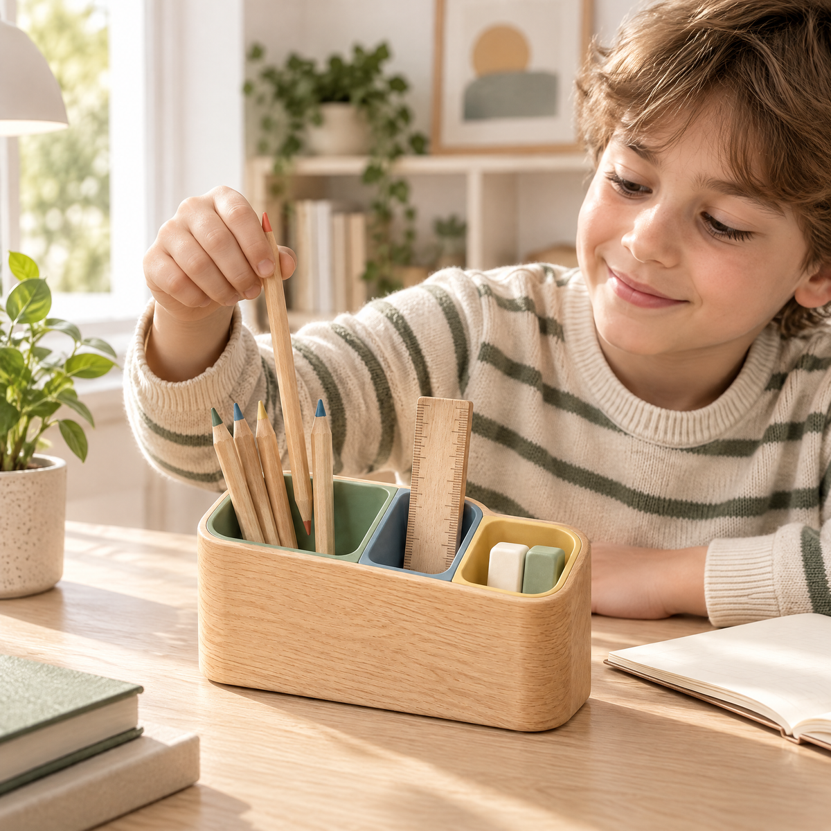 Elverdan™ Wooden 3-Compartment Pencil & Desk Organizer