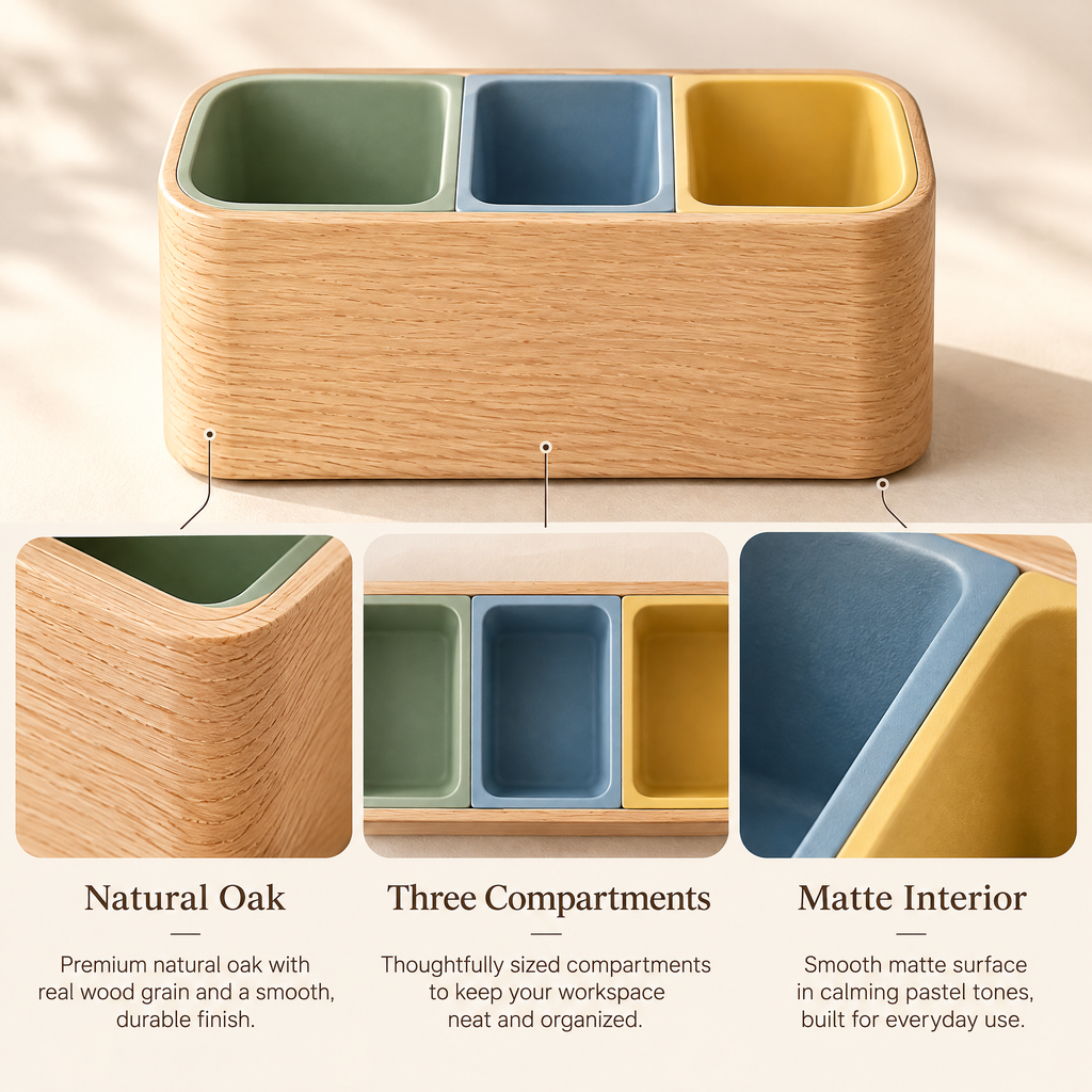 Elverdan™ Wooden 3-Compartment Pencil & Desk Organizer