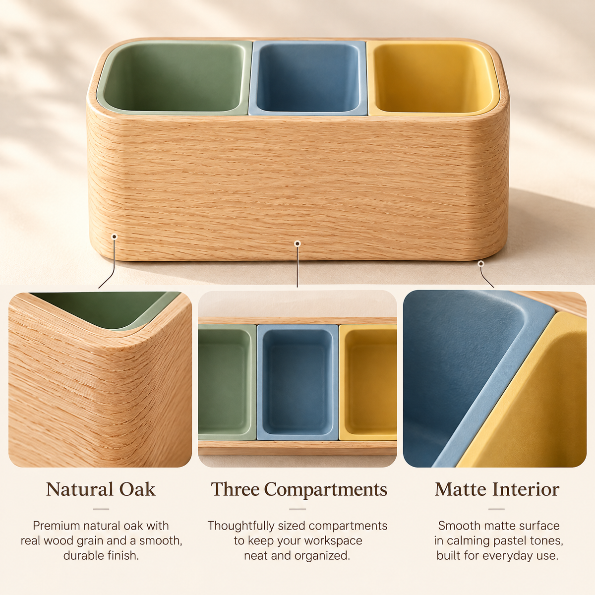 Elverdan™ Wooden 3-Compartment Pencil & Desk Organizer