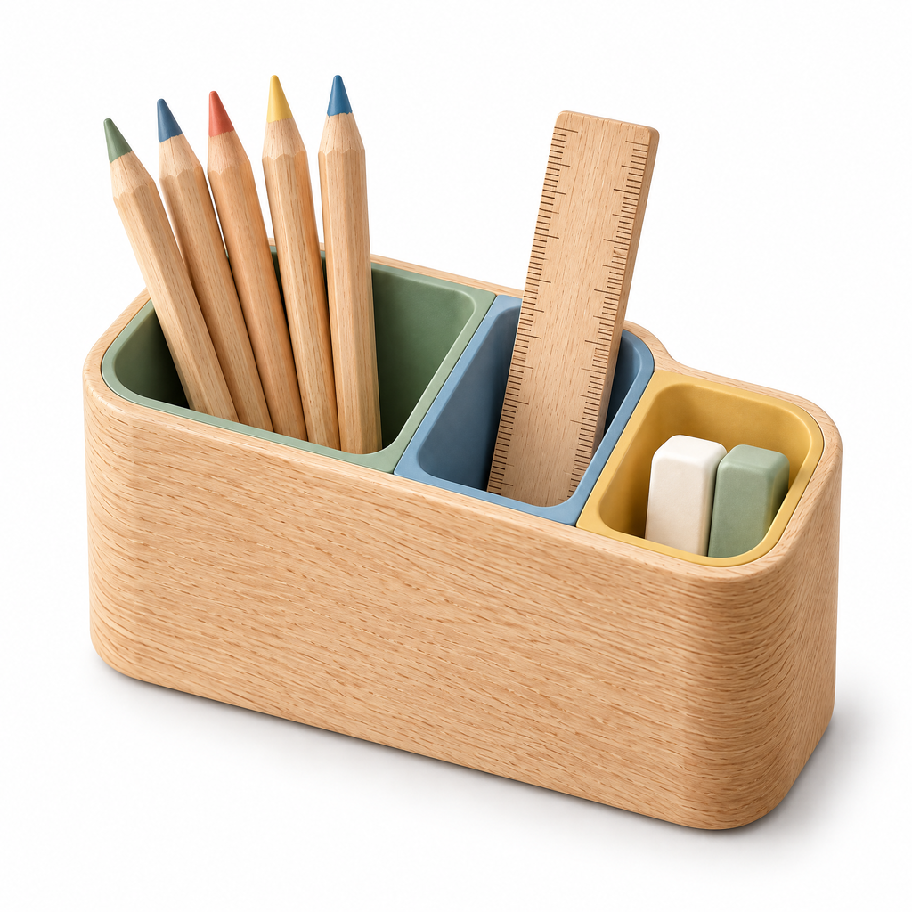 Elverdan™ Wooden 3-Compartment Pencil & Desk Organizer